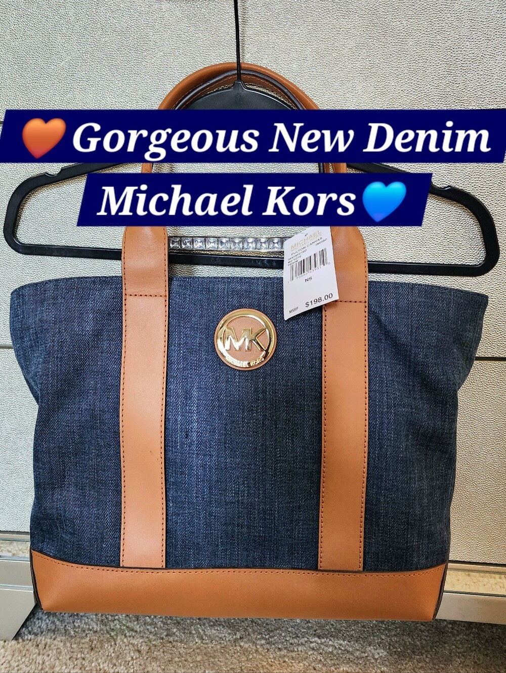 Michael Kors MK Denim Canvas Tote Bag Purse Tan Fulton Blue Jeans Handbag New